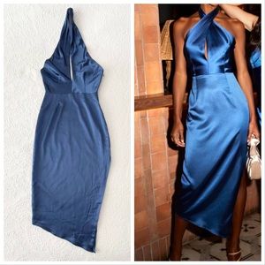 NWOT Lulus Glamorous Desires Navy Blue Satin Sleeveless Halter Midi Dress Medium